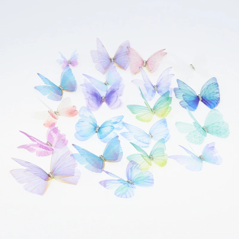 더블 레이어 모조 다이아몬드 오간자 나비, DIY 헤어 핀 제작, 웨딩 드레스 의류 장, 영원한 얇은 명주 그물 나비