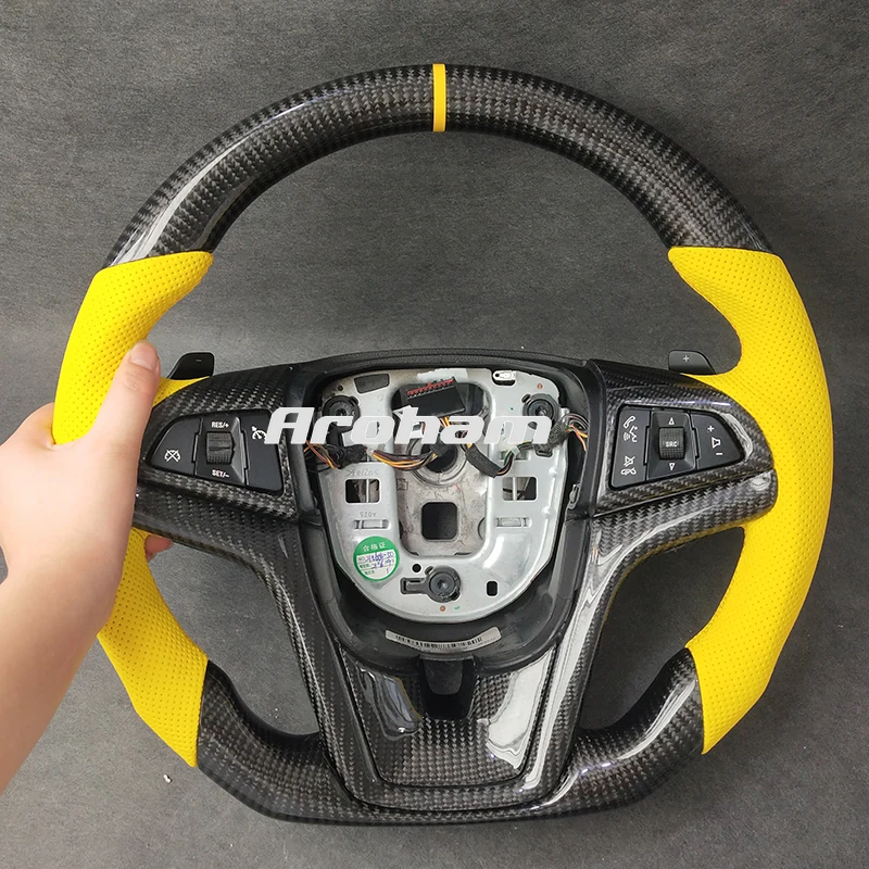 Carbon Fiber Yellow Perforated Leather Steering Wheel For Chevrolet Camaro 2013 3.6 LT 2011 2012 2014 2015