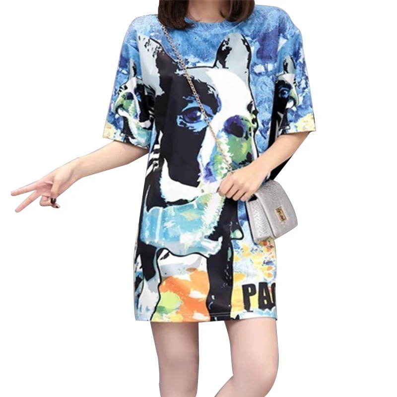 

QING MO Women Blue Dog Print T Shirt Dress 2019 Autumn Women Full Sleeve Above Knee Mini Dress Casual Loose Chic Dress ZQY1184