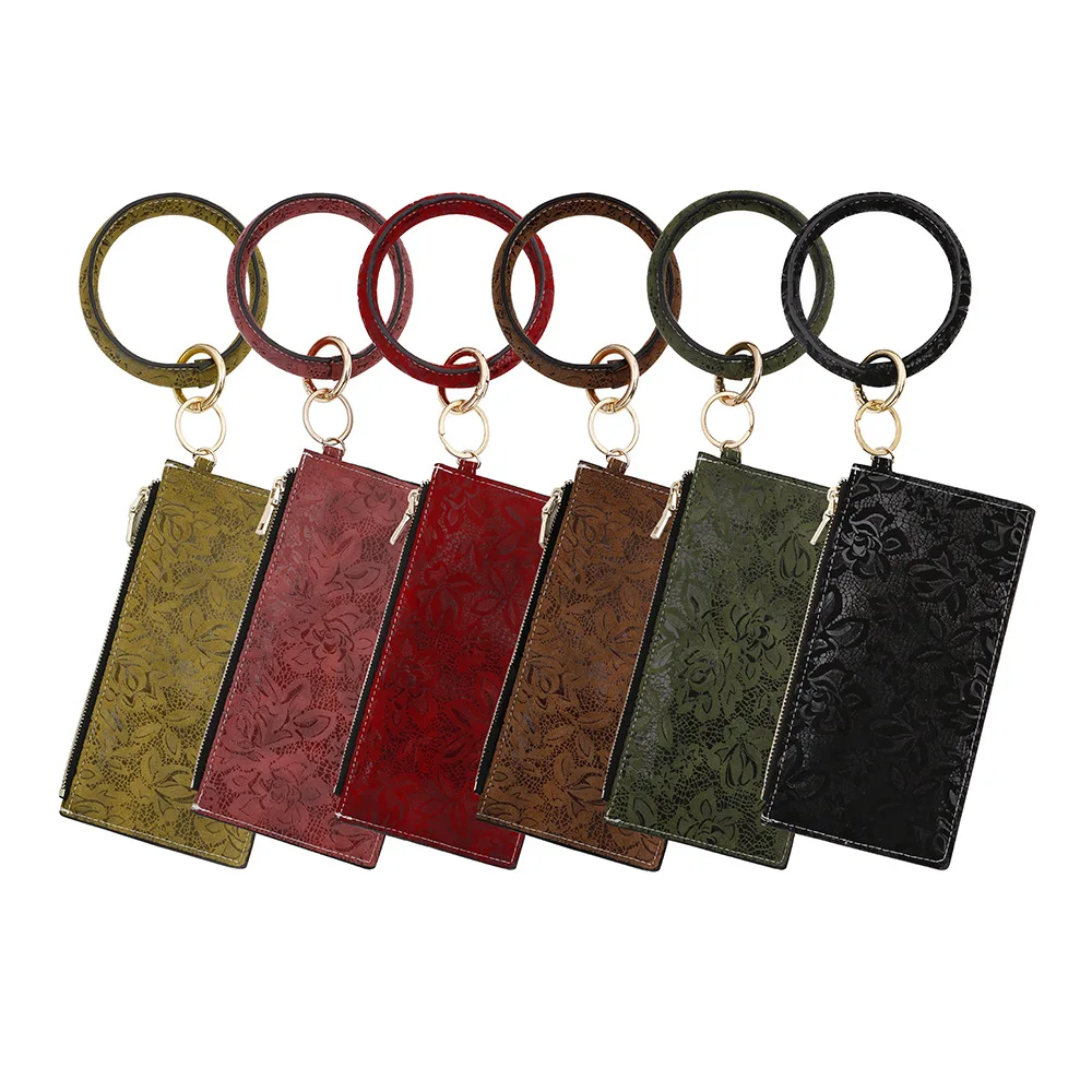 

ZWPON O Shape Key Ring PU Vegan Leather Printed Painted Bangle Key Chain Portable Wallet Figure Detachable Zipper Clutch Card