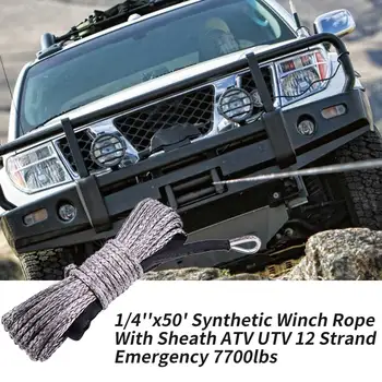 

1/4''x50' ATV UTV Car Synthetic Winch Rope Emergency Cable 7700lbs Outdoor Accessories Truck Boat 12 Strand Towing With Sheath