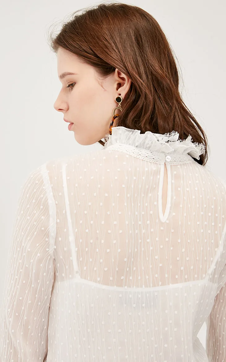 ONLY Autumn Winter Womens Loose Fit White Dot Laced Chiffon Shirt | 119207583