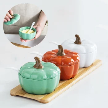 

Pumpkin Ceramics Kitchen Spice Bottles Jars With Spoon Salt Sugar Jar Storage Container Kitchen Organizer Tools Supplies