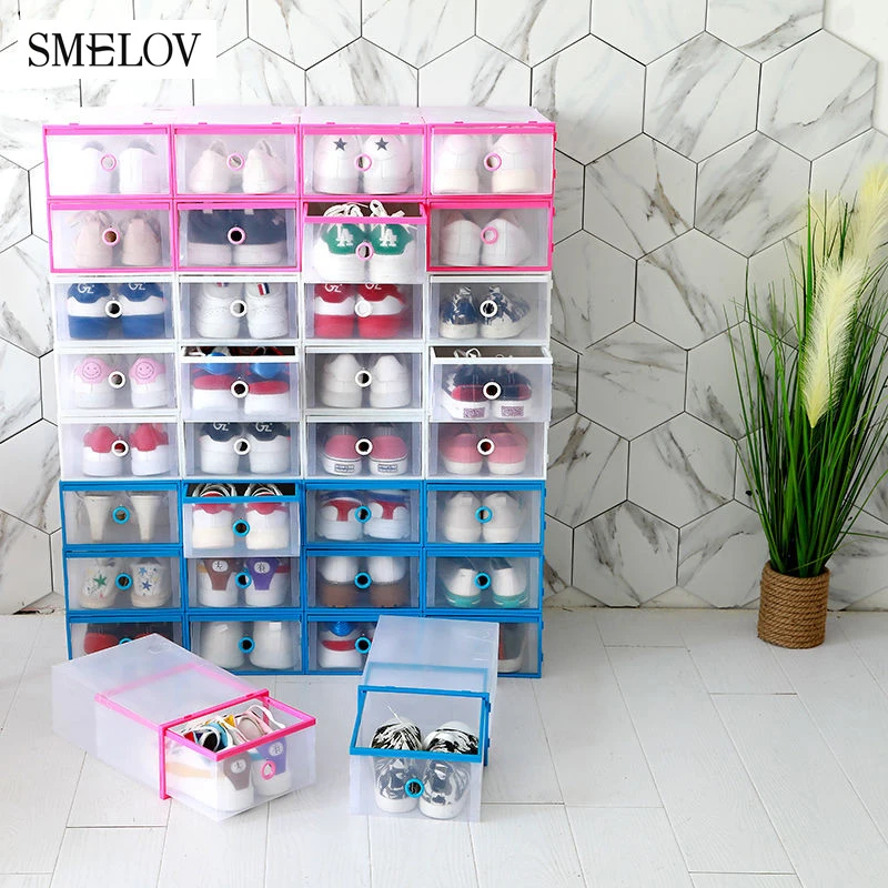 

6PCS/Set plastic clear shoe boxes rectangle Foldable shoe Storage Boxes case Drawer stackable shoes box organizer Man woman