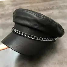 Новая мода декоративная металлическая цепь pu кожа плоская верхняя крышка маленькая Военная Кепка Женская тренд