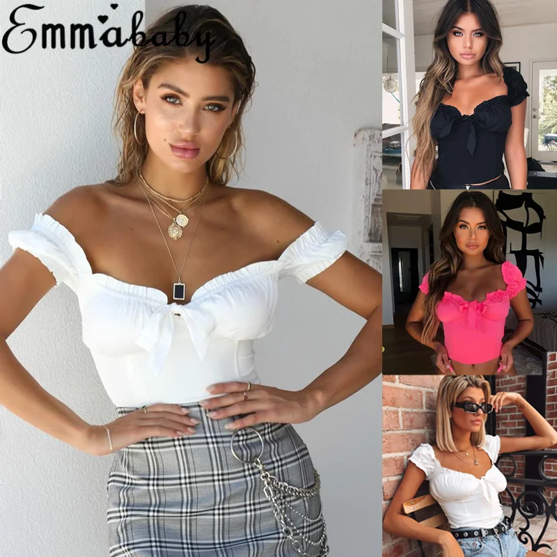 Женская Ретро Винтажная с v-образным вырезом Bodycon Boob Bralet Свободная блузка однотонная с пышным рукавом Повседневная укороченный Топ майка Топы футболка рубашка