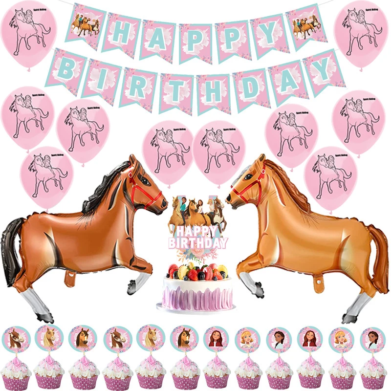 Spirit Riding Horse Balloons Pink Baby Girl Happy Birthday Banner Flag  Cartoon Forest Farm Party Supplies Decoration Cake Topper|Bóng Bay & Phụ  Kiện| - AliExpress