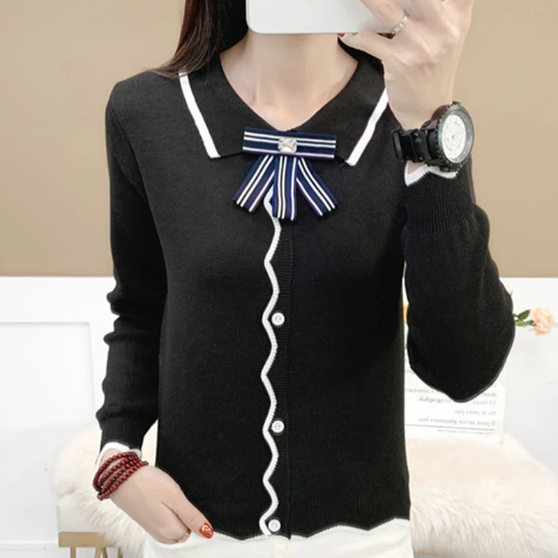 

Sueter Mujer Autumn Winter Sweater Women Black And White Striped POLO Collar Knitted Button Tops Fashion Bow Pullover Sweaters