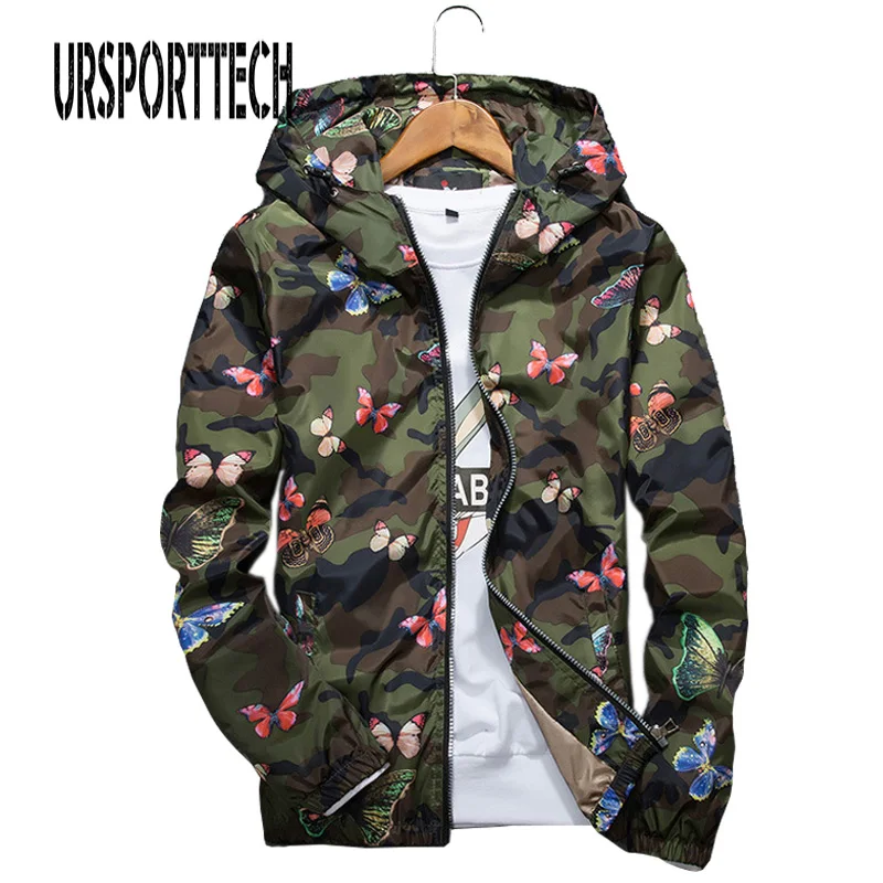 

2020 New Mens Casual Camouflage Hoodie Jacket Autumn Butterfly Print Clothes Men's Hooded Windbreaker Coat Male Outwear