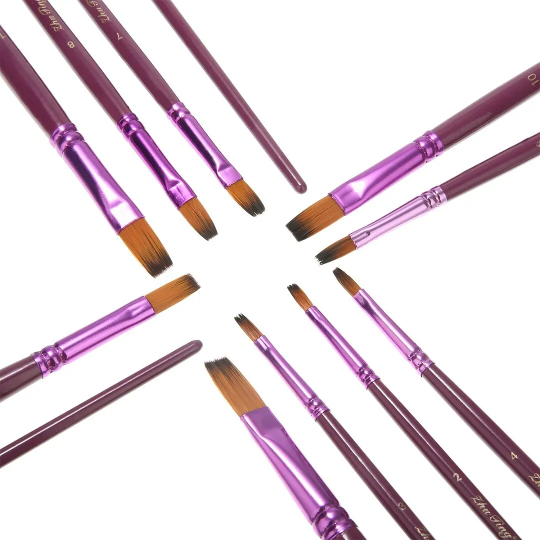 12Pcs Oil Painting Brushes Purple Painting Brush Pointed Flat/Tip Art Paintbrush Set Watercolor Nylon Hair Oil Drawing Pen