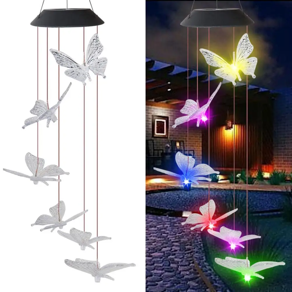 LED Solar Butterfly Wind Chime Light Home Waterproof Garden Hanging Lamp Color Change Light Room Hotel Decoration Light
