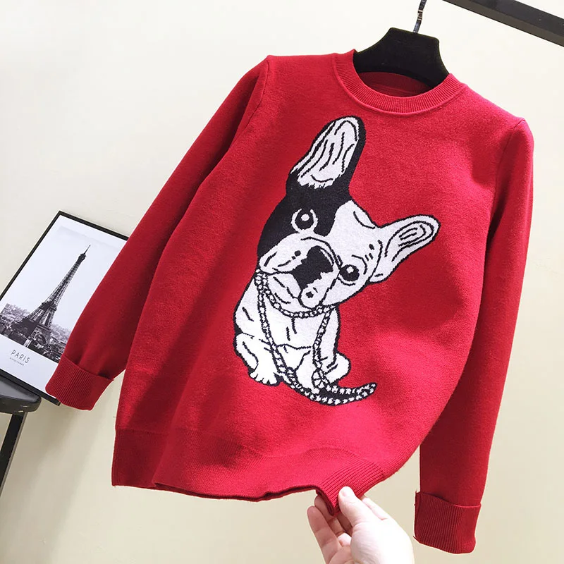 Online 2019 nuevo suéter de mujer de gabarich estampado de perro de dibujos animados lindo suelto de manga larga cuello redondo de la muchacha inferior suéteres calientes de invierno