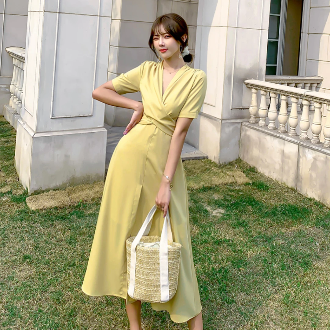 

Korean Version Of the New Fashion Dress Women's Mid-Length 2021 Summer Temperament Light Mature Skirt Waist Waist Celebrity Slim