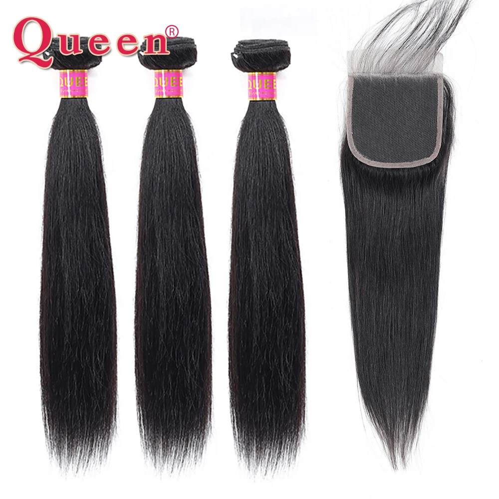 

Queen Hair Products 4 Bundles With Closure Brazilian Straight Hair Bundles With 4x4 Closure Remy Human Hair Weave Extensions
