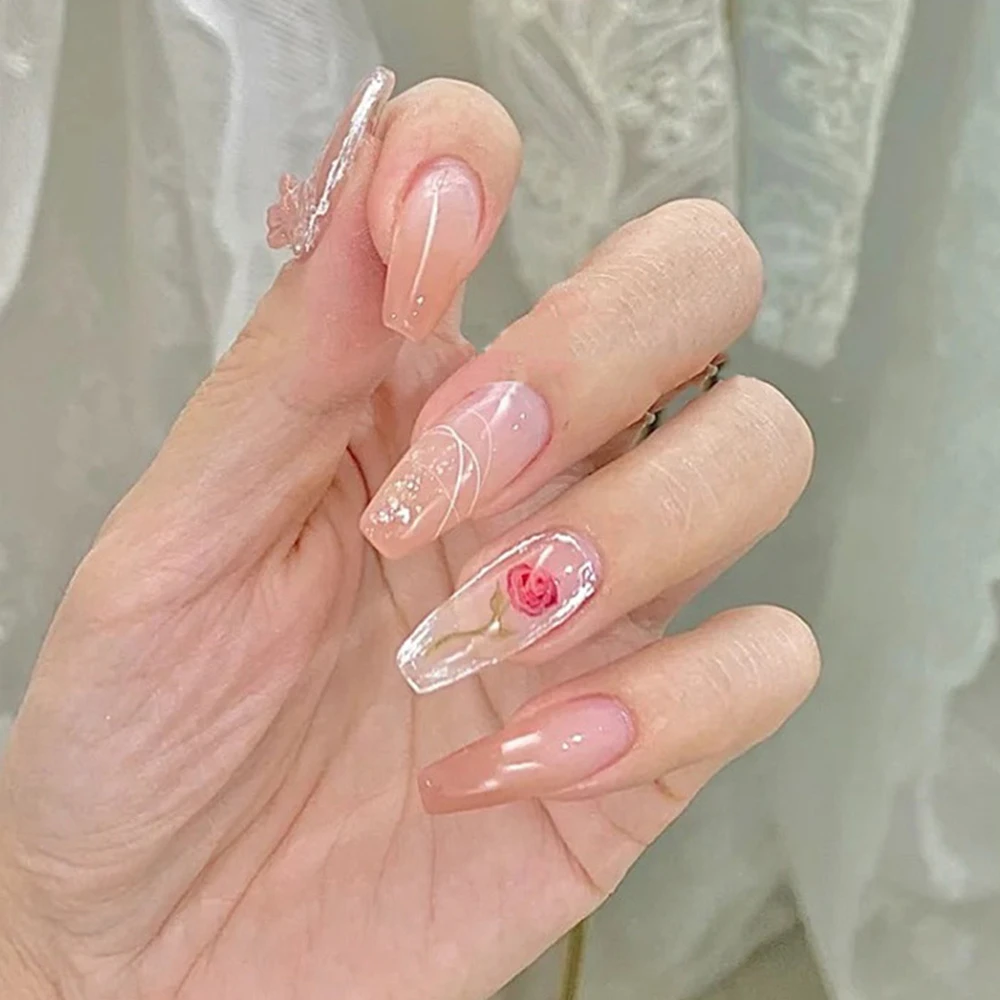 24pcs/box Long Ballerina False Nails Rose Design Artificial Coffin Fake  Nails With Glue Full Cover Nail Tips Press On Nails - False Nails -  AliExpress