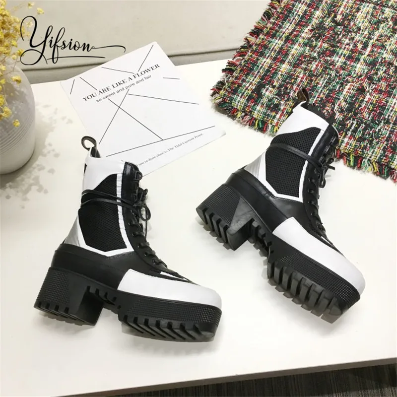 

OLOME New Fashion Platform Boots Women Shoes Autumn Winter Round Toe Lace Up Genuine Leather Boots Ladies Shoes
