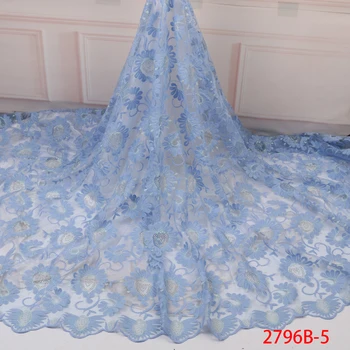 

Sky Blue African Tulle Lace Fabric Embroidery Mesh Lace Fabric Stone Fabric 5Yards 2019 High Quality For Wedding Party GD2796B-5