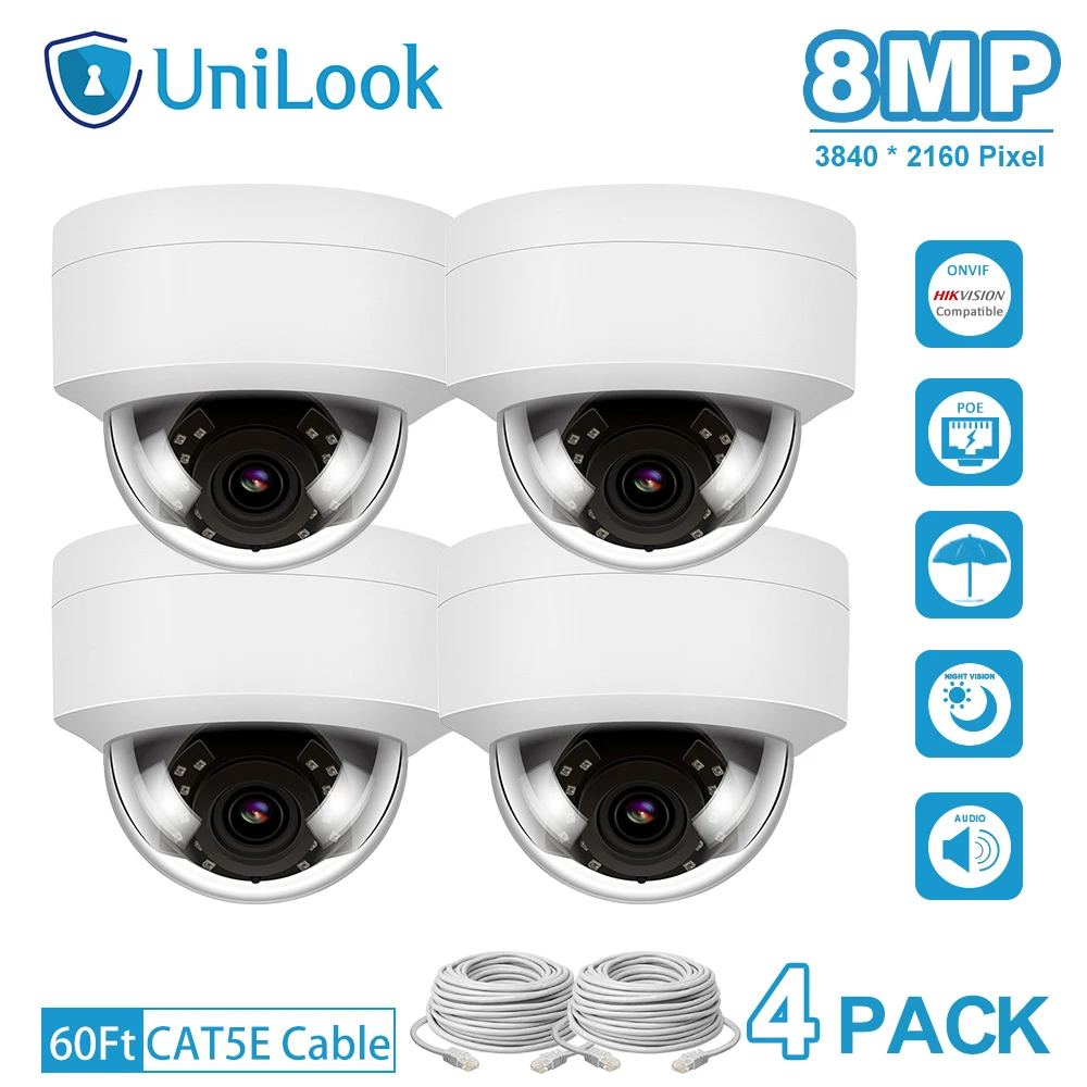 IP камера UniLook 4K 8 Мп POE 4 шт. в посылка встроенный микрофон IP66 ИК 30 м совместима с