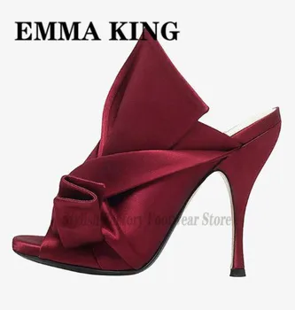 

EMMA KING Women Silk Butterfly-knot Pumps Fashion Open Toe Slippers Sandals Sexy Thin High Heels Party Wedding Shoes Woman