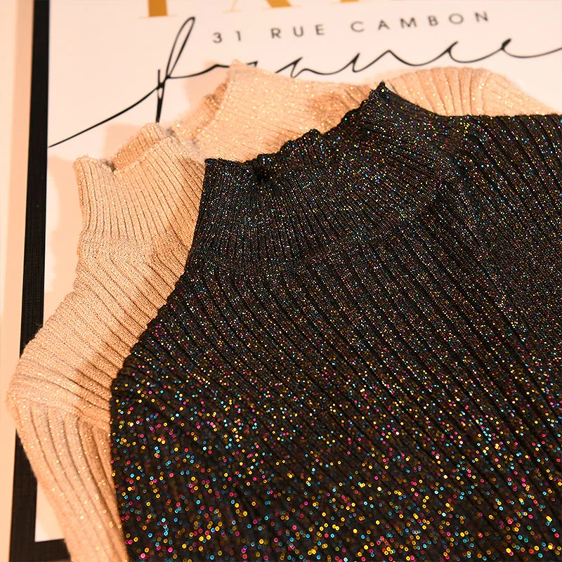 

Sweater Lurex Half Turtleneck Women Long Sleeve Knitted Shirt Women Sueter Mujer 2019 Bright Silky Spring New Korean