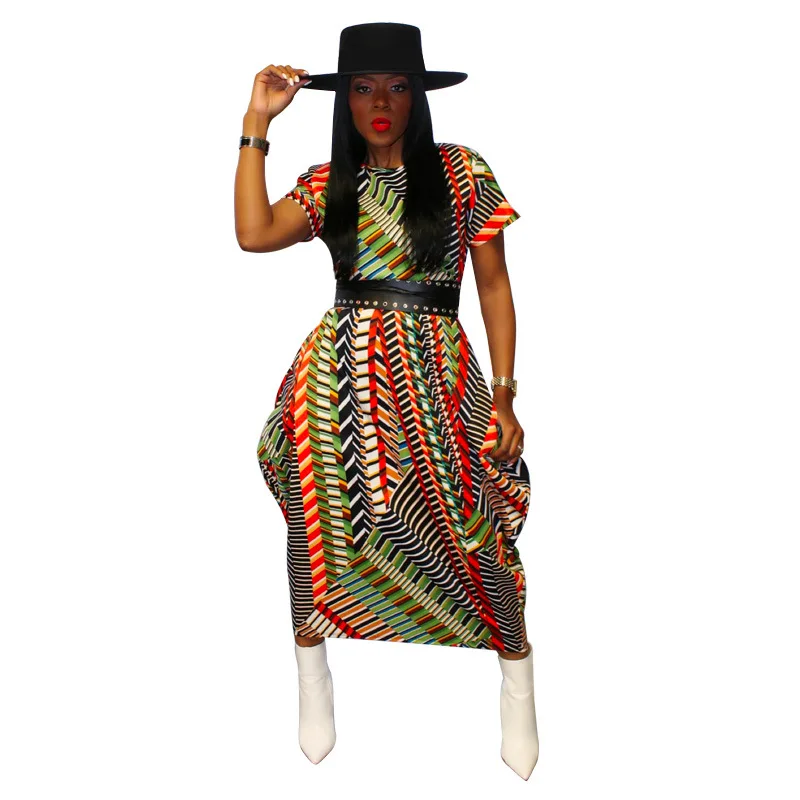 african outfits for women Fashion Geometric Women Party Dress Crew Neck Short Sleeves Lantern Casual Dresses S--5XL Ankle Length Loose Dress Summer african attire for women Africa Clothing