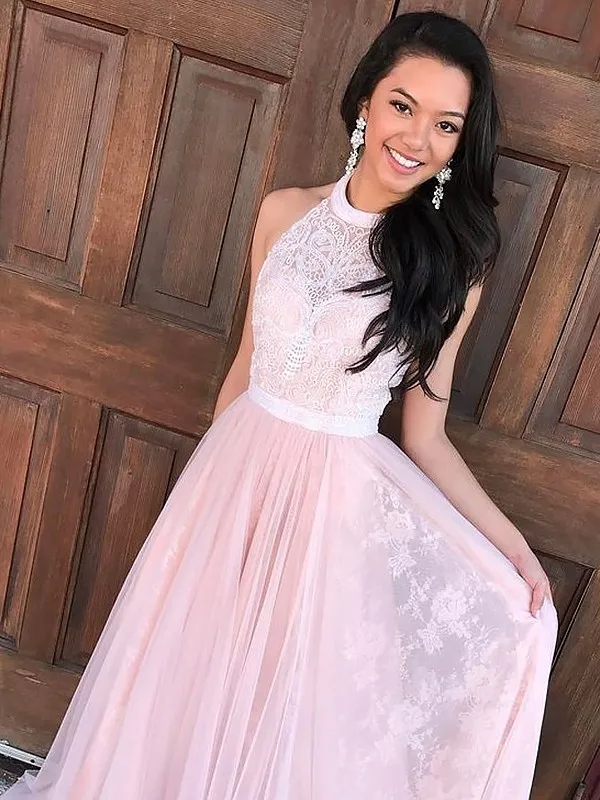 

A-Line/Princess Sleeveless Halter Tulle Lace Sweep/Brush Train Dresses
