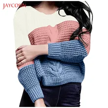 Joycosin Зимний модный женский свитер с разноцветным узором, вязаный женский свитер, топ из кусков с круглым вырезом, женский теплый топ