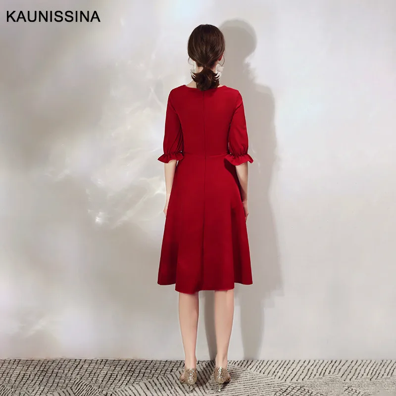 KAUNISSINA коктейльные платья с рукавом до локтя, элегантные вечерние платья до колен, красное черное платье с v-образным вырезом, платье для выпускного вечера
