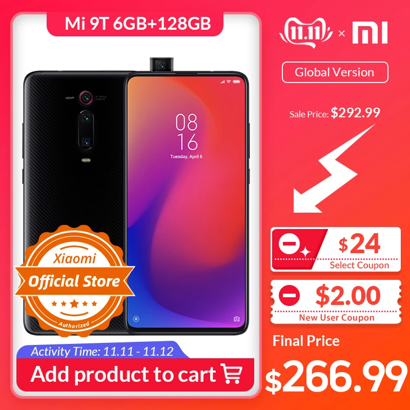 

Xiaomi Redmi Mi 9T K20 6GB 128GB Global Version Smartphone Snapdragon 730 Moblie phone 48MP Camera 4000mAh 6.39" AMOLED Display