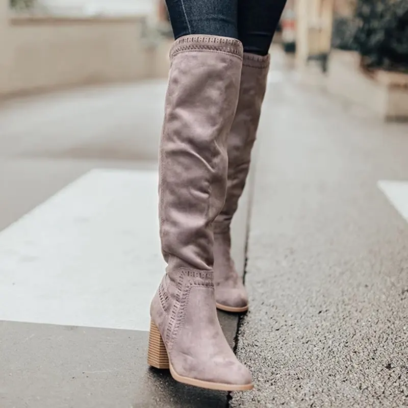 HEFLASHOR/ г. Женские Сапоги выше колена зимняя обувь на толстом каблуке пикантные женские сапоги из эластичной ткани с острым носком Размеры 35-43 - Цвет: Серый