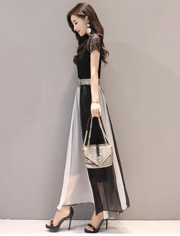 Длинное шифоновое платье для женщин, лето, стиль, корейский стиль, приталенная, кружевная, длинная юбка, элегантная, для похудения, с большим подолом, юбка