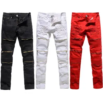 

Classic Slim Mens Jeans Men Clothing Fit Straight Biker Ripper Zipper Full length Men's Pants Casual Pants size 36 34 32