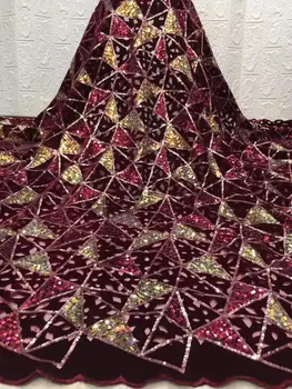 

Nigerian Lace Fabric 2020 High Quality Sequin Velvet Lace Fabric Red Gold Embroidered Tulle African Velvet Lace Fabric 5 Yards