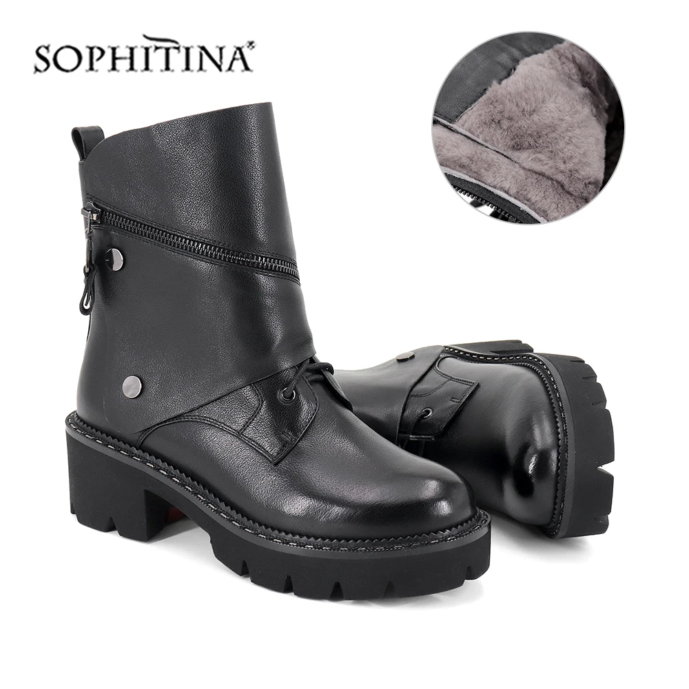 

SOPHITINA New Metal Decoration Boots High Quality Genuine Leather Comfortable Round Toe Shoes Square Heel Women Boots MC390