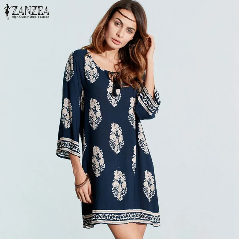 ZANZEA Women Sexy Mini Print Dress 2023 Elegant Retro 3/4 Sleeve Lace Up Long Tops Casual Loose Beach Dresses Vestidos