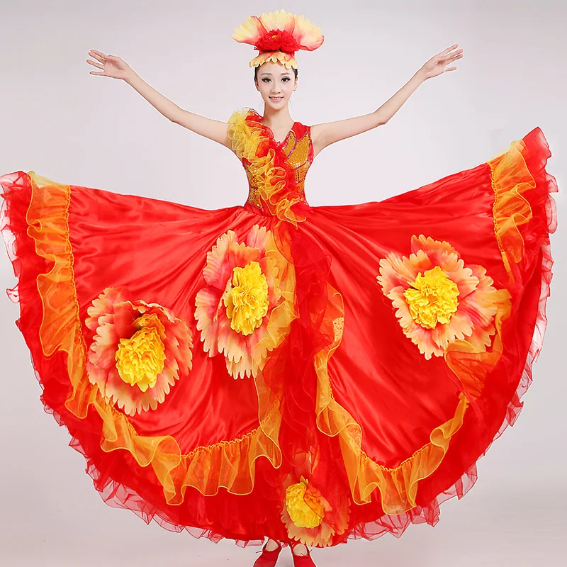 feecolor New Spanish bullfighting dance skirt performance costume balloon dance costume big swing skirt chorus suit for adult