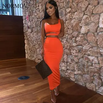 

NORMOV Women 2 Piece Solid Color Set Strapless Hollow Out Crop Top High Waist Elastic Skinny Long Skirts Two Pieces Set 2019 New