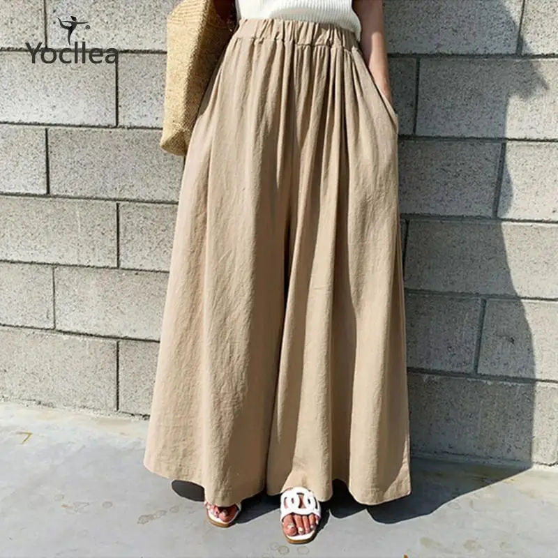 

Korean chic style Summer solid Linen wide leg pants casual pants Ankle Length pants women's pants loose trouser