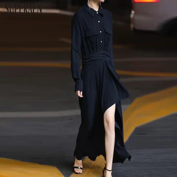 

SuperAen Europe New 2020 Spring Women's Long Dress Solid Color Cotton Fashion Ladies Dress Long Sleeve Lapel Irregular Dresses