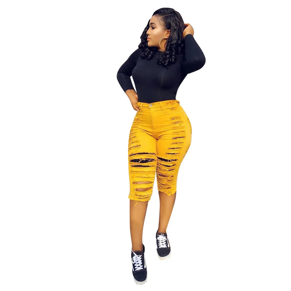 

Adogirl front hollow out scratch half pencil denim pants button flyer holes jeans fashion lady candy color denim bottom trousers