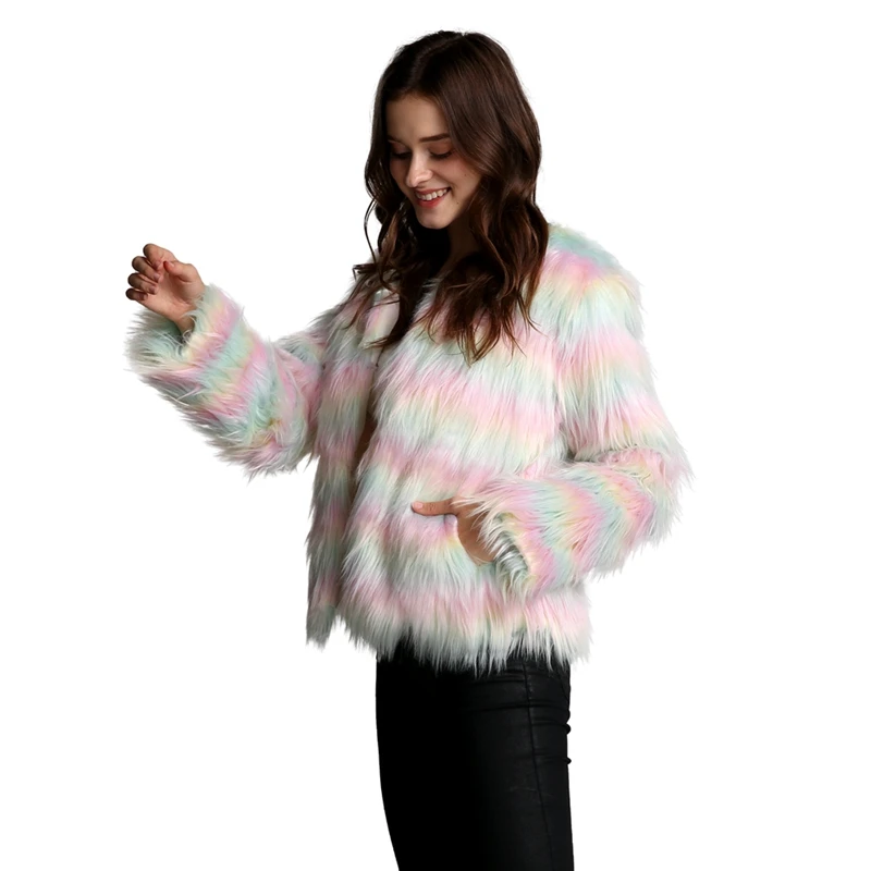 

Round neck loose long-sleeved jacket jacket fashion 2019 women's autumn and winter casual wild colorful stripes faux fur coat X