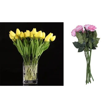 

20Pcs Tulip Flower Latex Real Press & 10 Pcs Latex Real Press Rose Decor Rose Artificial Flowers