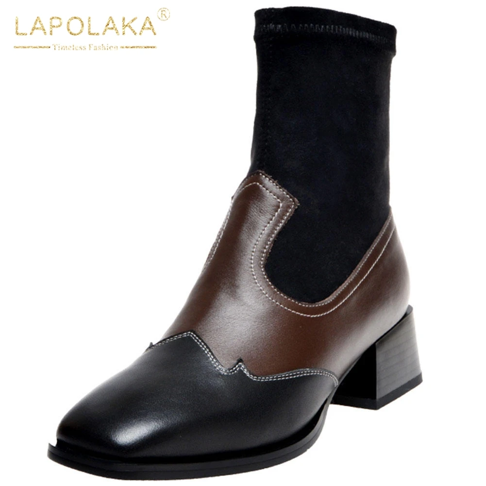 

Lapolaka 2020 Luxury Brand Genuine Leather Chunky Heels Elegant Women Shoes Woman Sock Boots Female Ankle Boots
