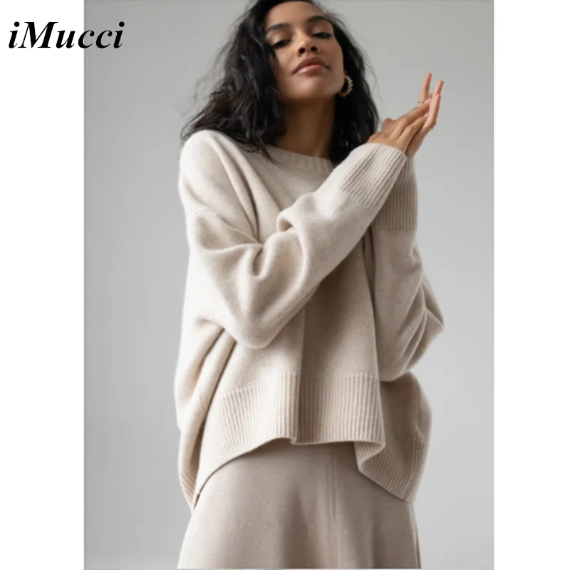 

iMucci 2020 Winter Sweater Women Khaki Causal Loose Cropped Ladies Tops O-Neck Pullovers Solid Outerwear Teen Streetwear Females