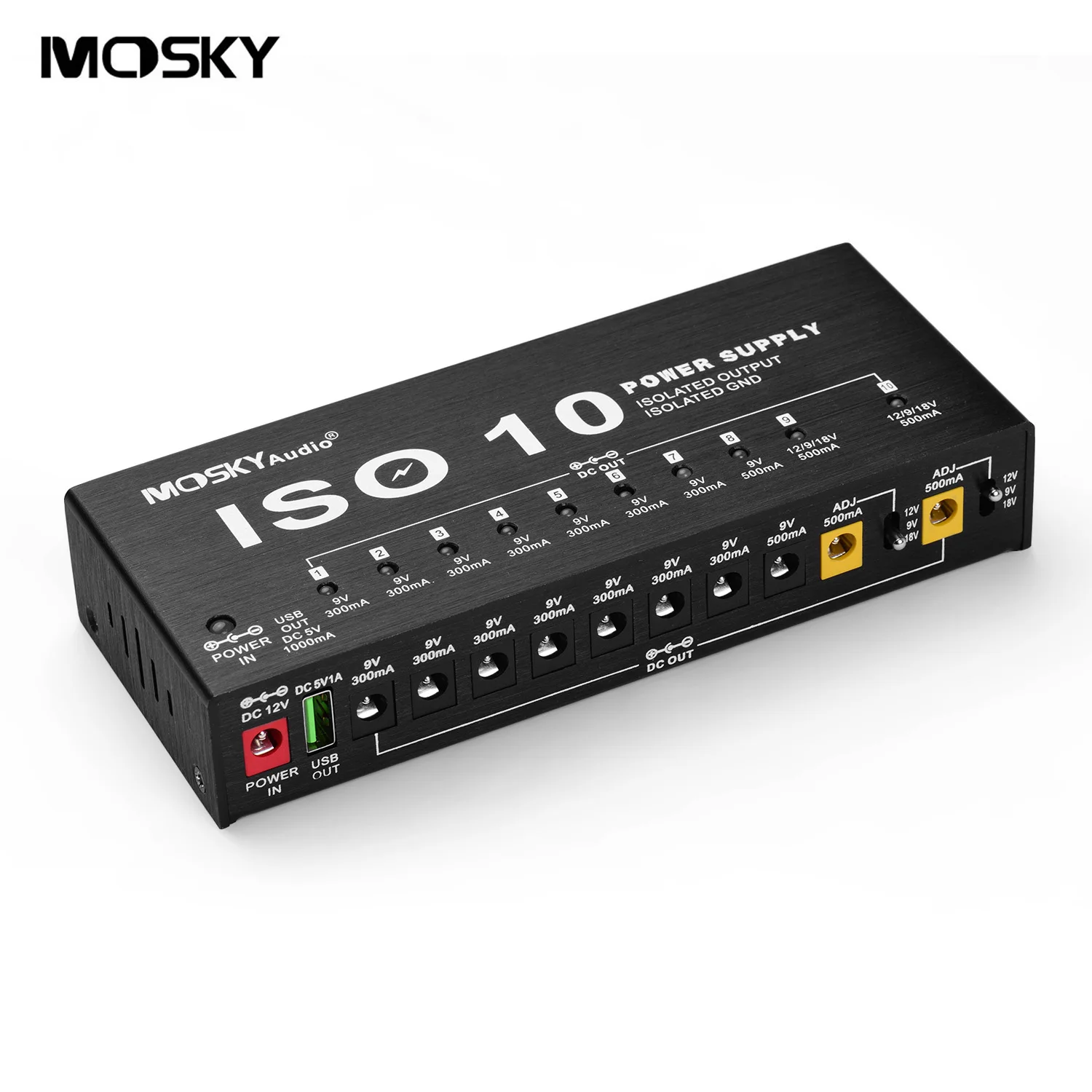 

MOSKY ISO-10 Portable Guitar Effect Power Supply Station 10 Isolated DC Outputs&One 5V USB Output for 9V 12V 18V Guitar Effects