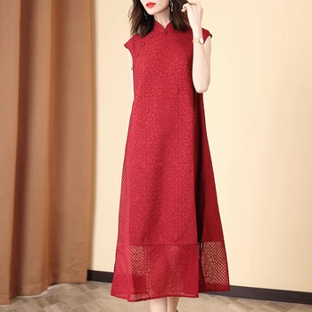 

Plus Size Vintage Dress Women Summer Stand collar Sleeveless Loose Miyake Pleated Retro Cheongsam Dress For Women 45-75 kg