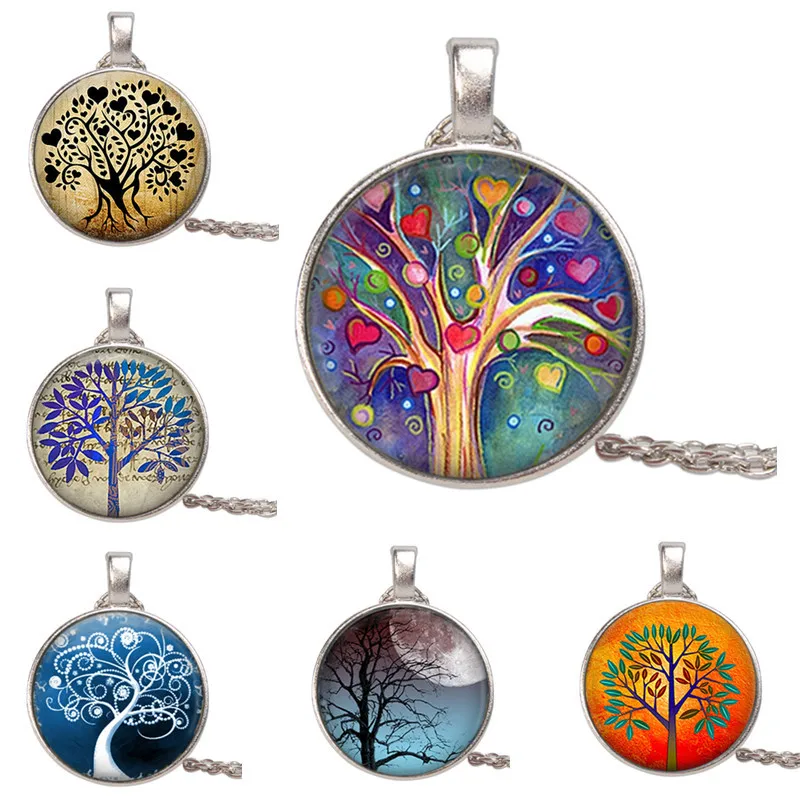 

Tree Of Life Color Glass Cabochon Necklace Pendant Vintage Charm Chain Choker Jewelry Gift