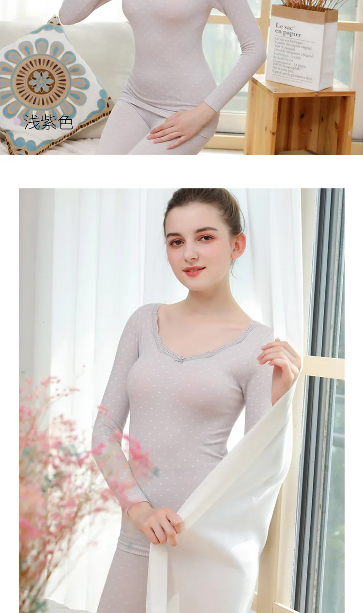 Winter New Woman Long Johns Set Round Neck Lace High Waist Slimming Beautiful Body Keep Warm Thermal Underwear Set