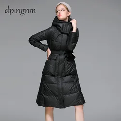 Stand-up collar waist thickened white jacket women autumn and winter light and thin long white duck down down jacket women 2020