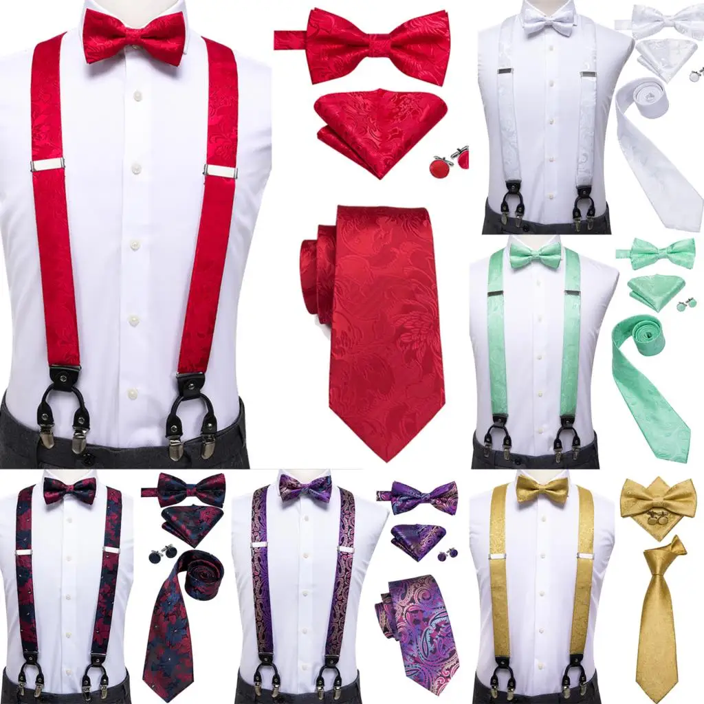 Silk Adult Men's Suspender Set 6 Clips Braces Vintage Gold Red Pink